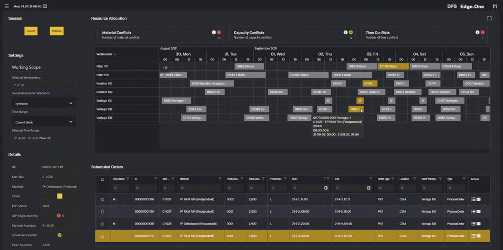 ORSOFT Digital Factory Scheduling: Dashboard einer Planungswoche mit der Darstellung von Material-, Kapazitäts- und Zeitkonflikten (Darstellung im Tokyo Theme)