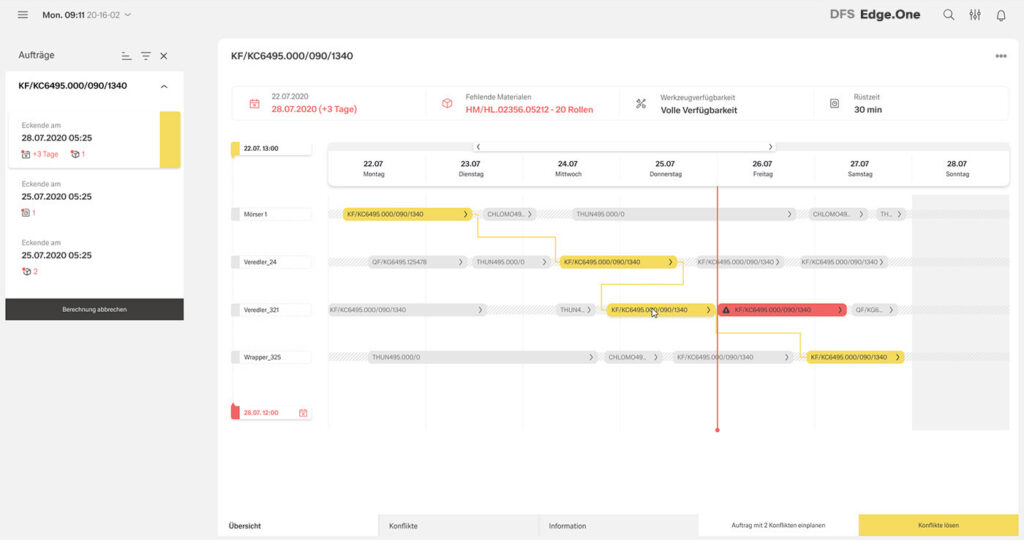 ORSOFT Digital Factory Scheduling: Overview of an order scheduling with conflict indications and planning alternative (Display with bright Astronaut Theme)